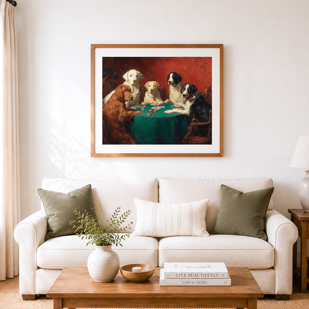 Finished classic dogs playing poker cross stitch artwork displayed as home decor
