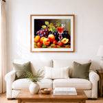 Finished classic fruit and wine still life cross stitch artwork displayed as home decor