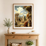 Finished classic greek scenery cross stitch artwork displayed as home decor