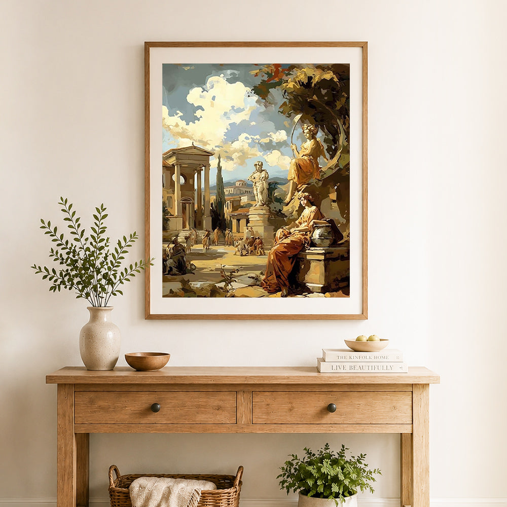 Finished classic greek scenery cross stitch artwork displayed as home decor