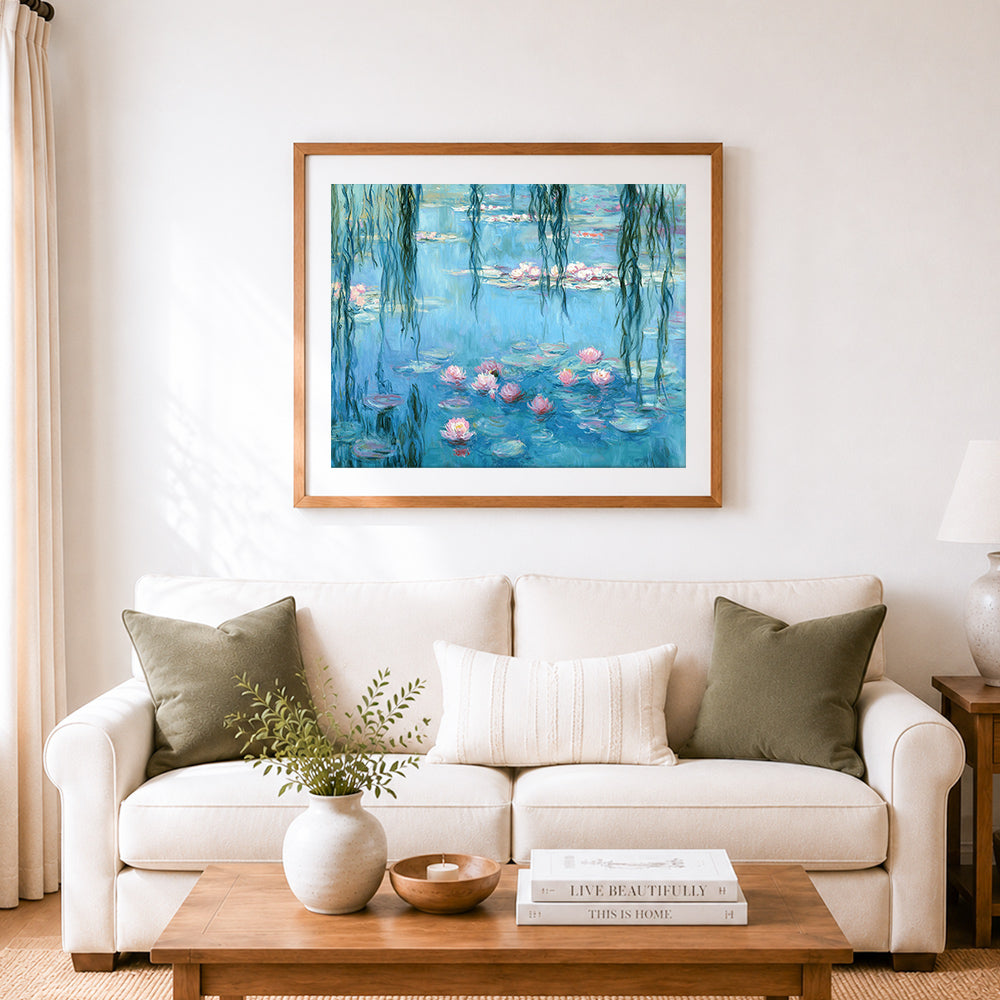 Finished classic monet water lilies cross stitch artwork displayed as home decor