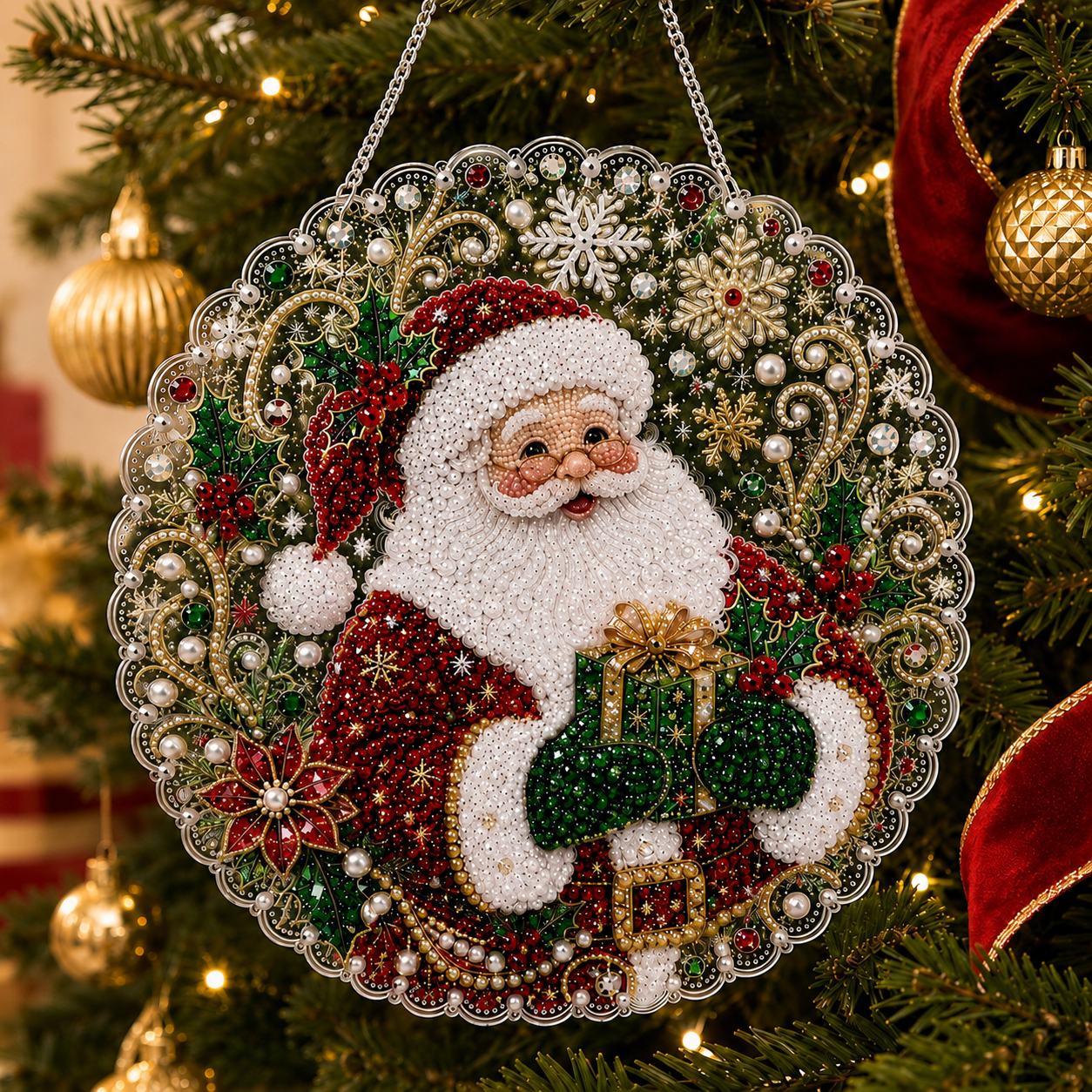 Finished classic santa christmas pearl diamond painting artwork displayed as holiday home decor