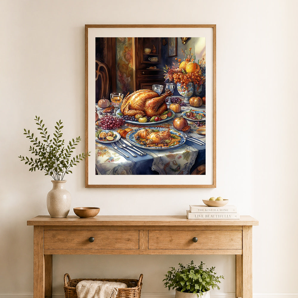 Finished classic thanksgiving dinner cross stitch artwork displayed as home decor