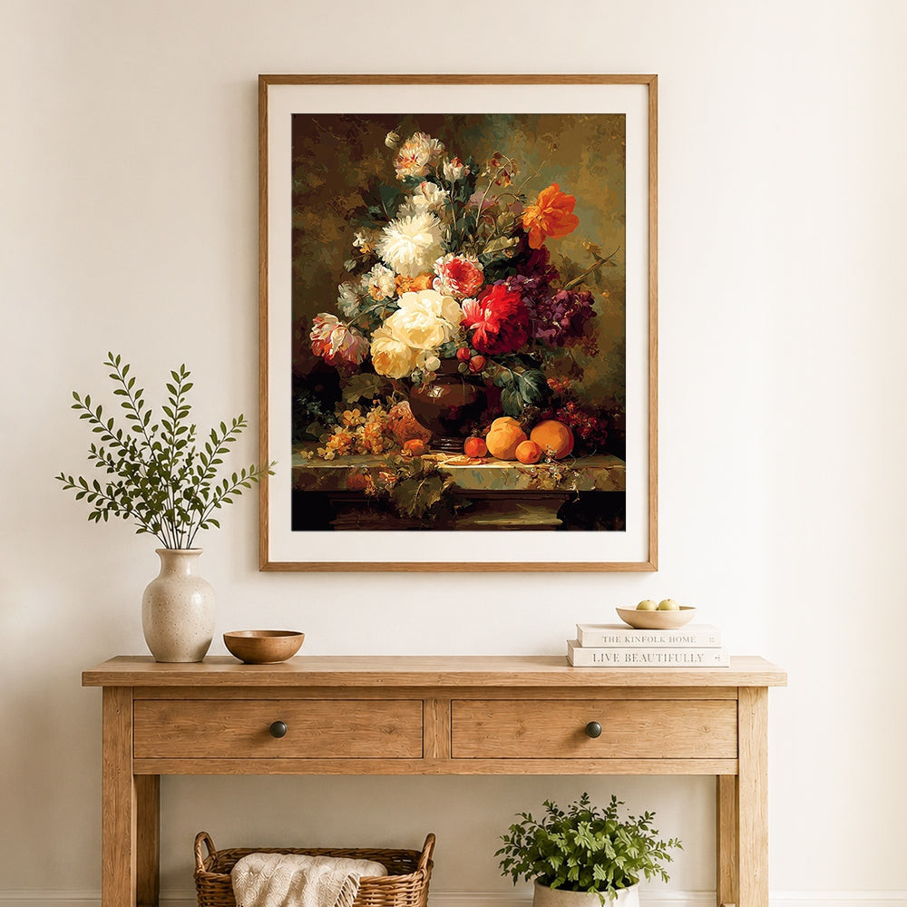 Finished classical still life with flowers and fruits cross stitch artwork displayed as home decor