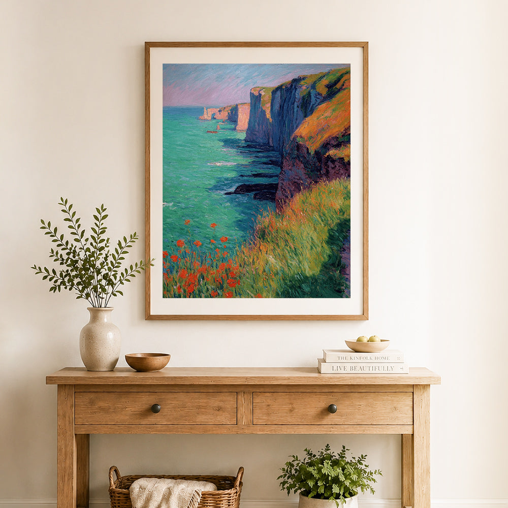 Finished cliff poppy seaside cross stitch artwork displayed as home decor