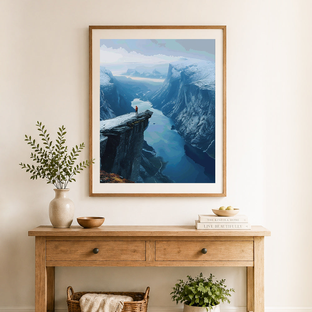 Finished cliff view overlook cross stitch artwork displayed as home decor