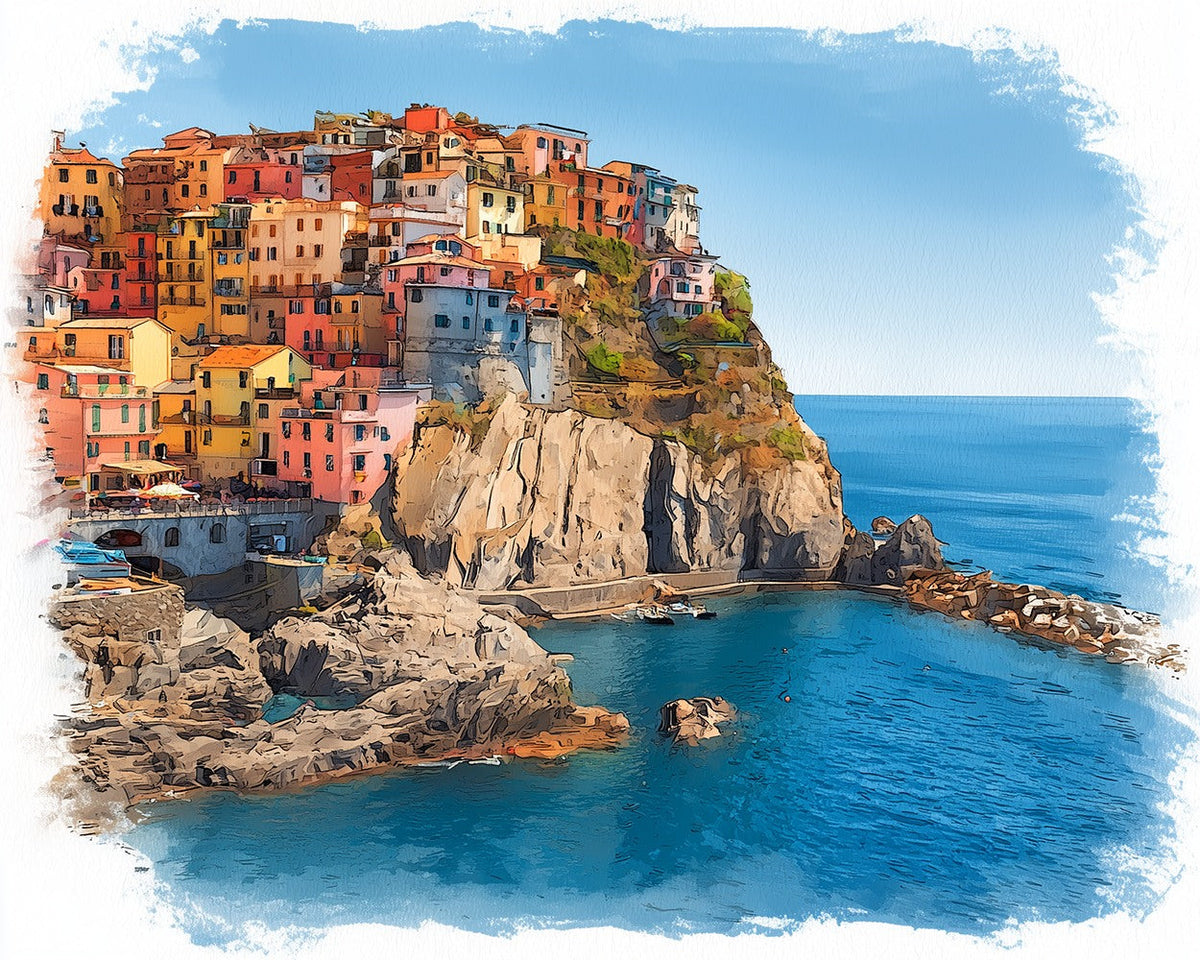 Cliffside coastal village cross stitch kit for beginners