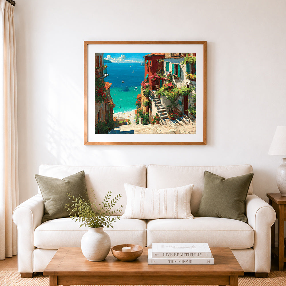 Finished coast steps with turquoise sea view cross stitch artwork displayed as home decor