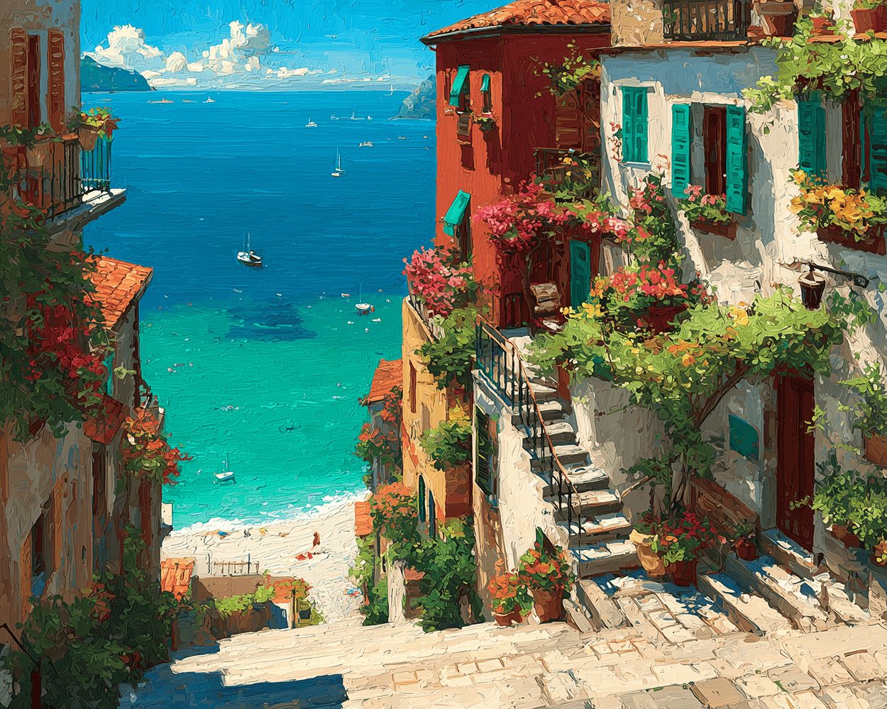 Coast steps with turquoise sea view cross stitch kit for beginners