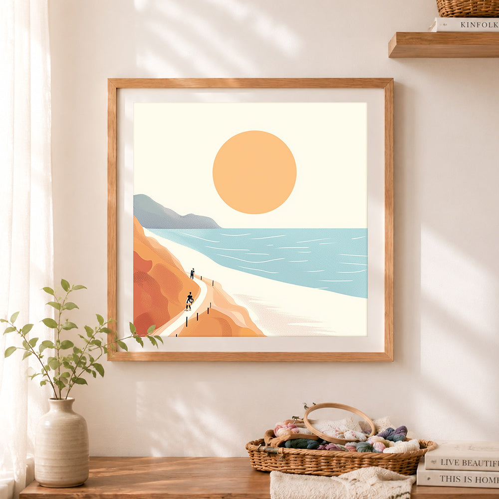 Finished coastal cliff hiking path cross stitch artwork displayed as home decor