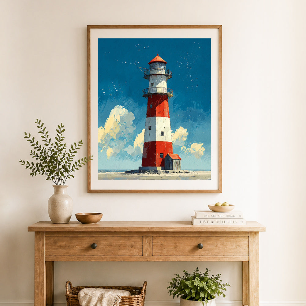 Finished coastal lighthouse view cross stitch artwork displayed as home decor