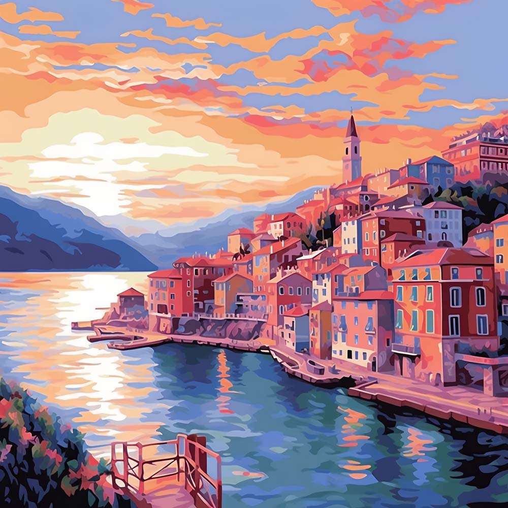 Coastal mediterranean town cross stitch kit for beginners