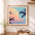 Finished coastal palm dusk cross stitch artwork displayed as home decor