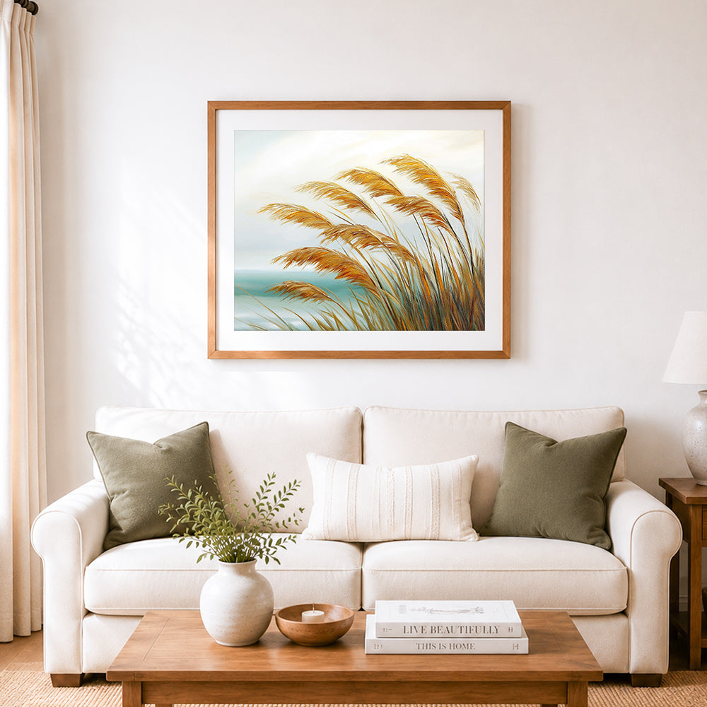 Finished coastal pampas grass view cross stitch artwork displayed as home decor