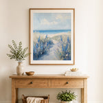 Finished coastal path with blue wildflowers cross stitch artwork displayed as home decor