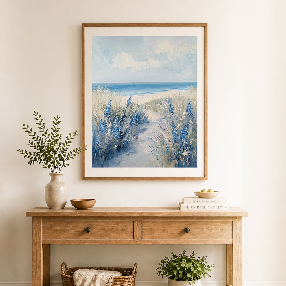 Finished coastal path with blue wildflowers cross stitch artwork displayed as home decor
