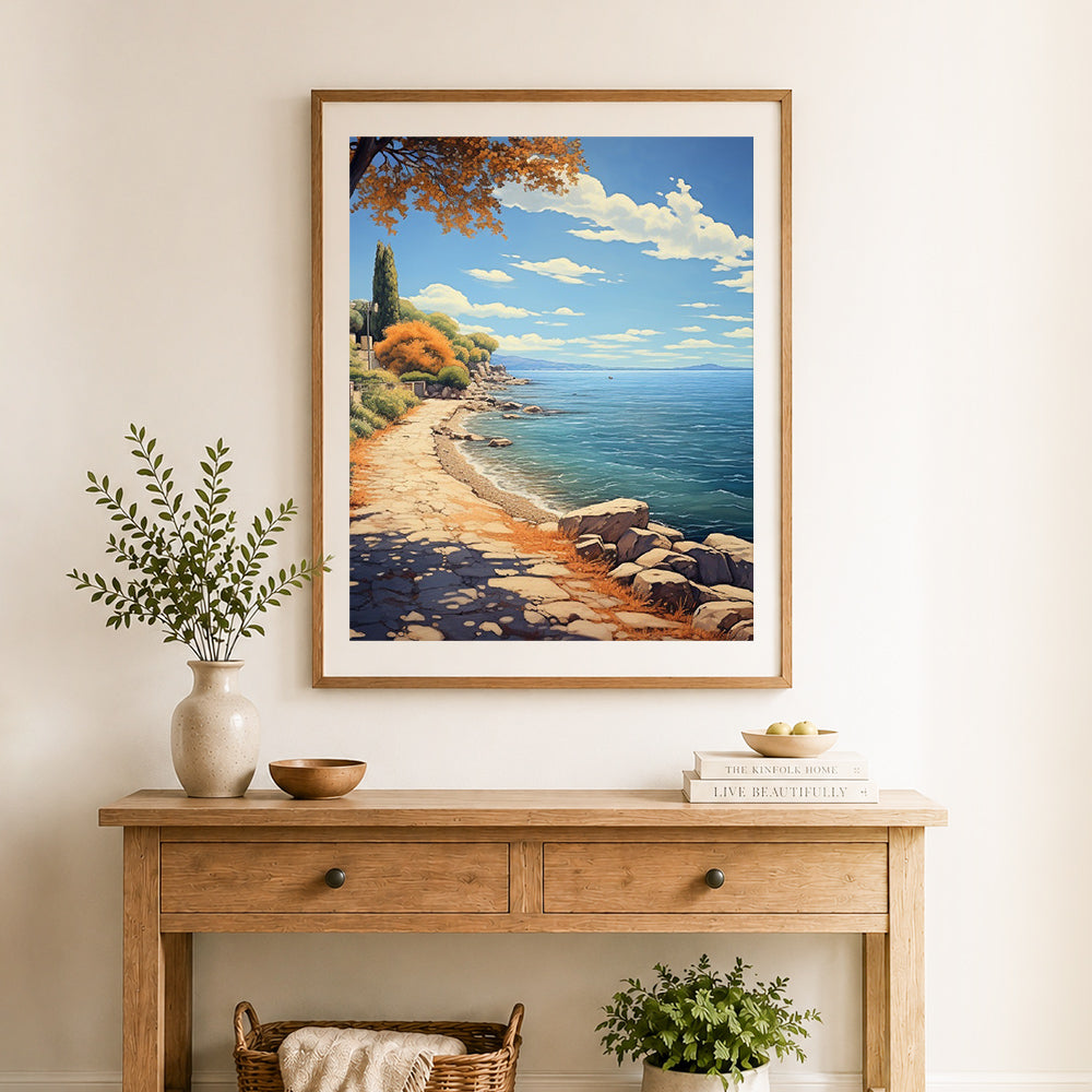 Finished coastal stone path cross stitch artwork displayed as home decor