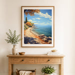 Finished coastal stone path cross stitch artwork displayed as home decor