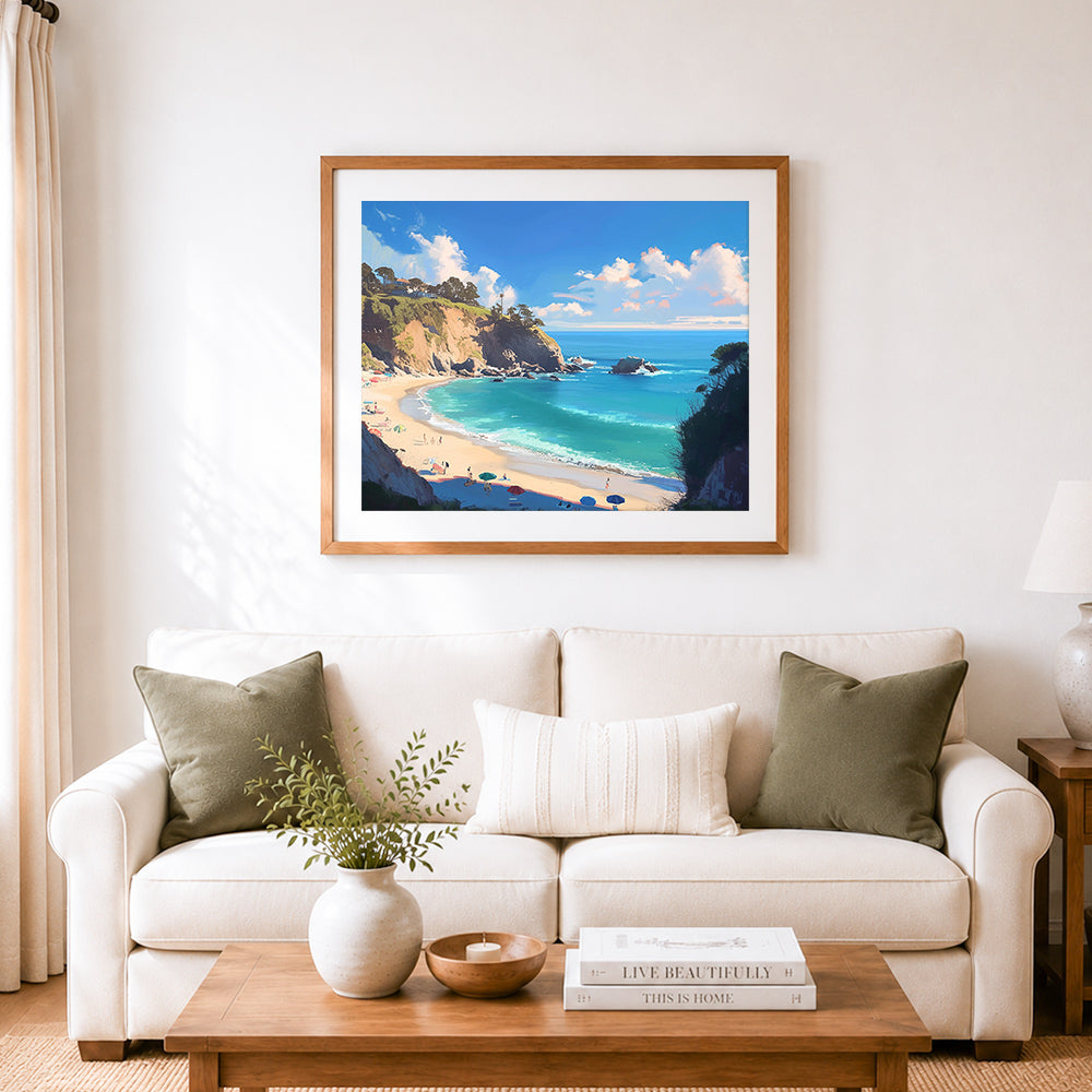 Finished coastal summer beach cross stitch artwork displayed as home decor