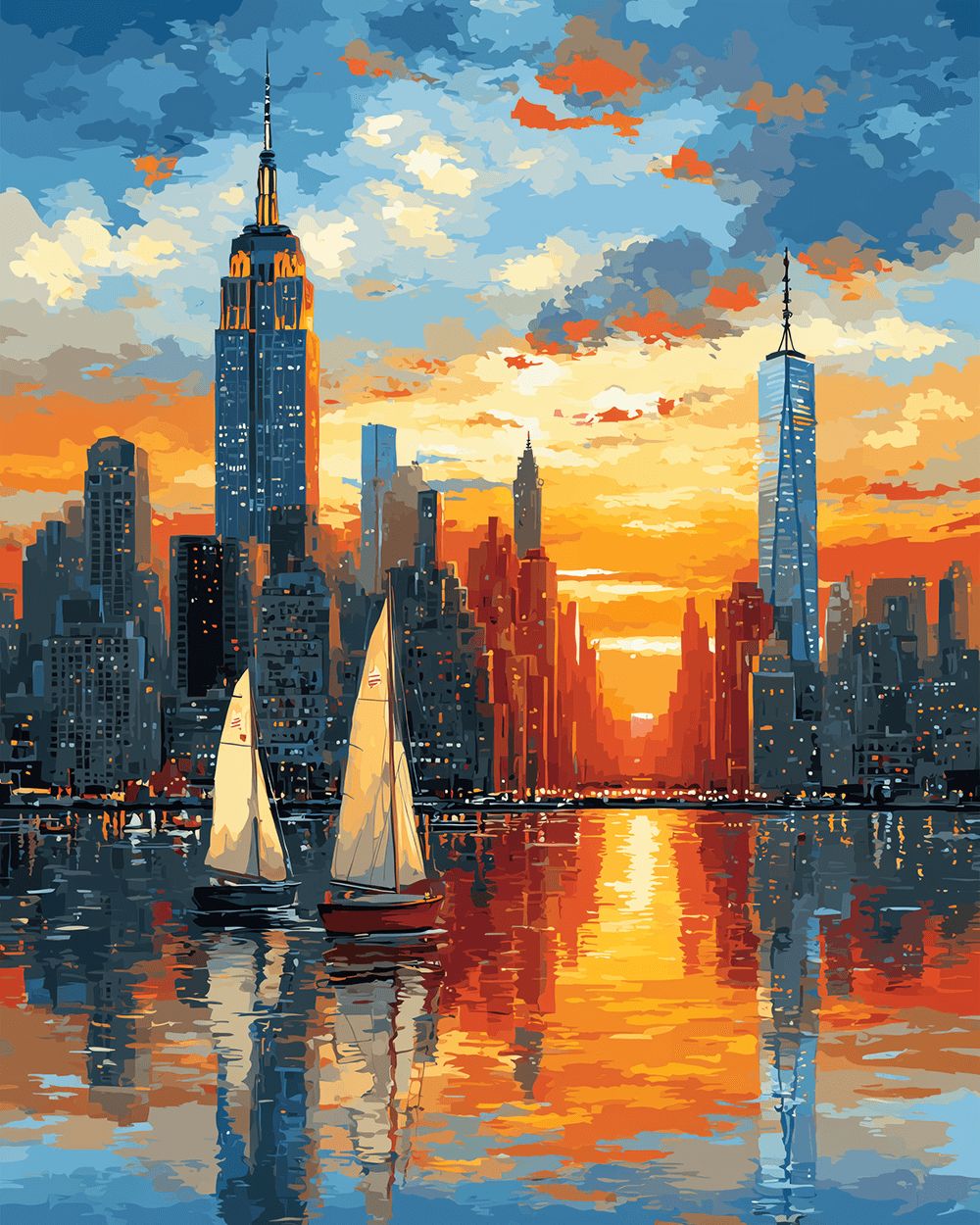 Coastal sunset city view cross stitch kit for beginners