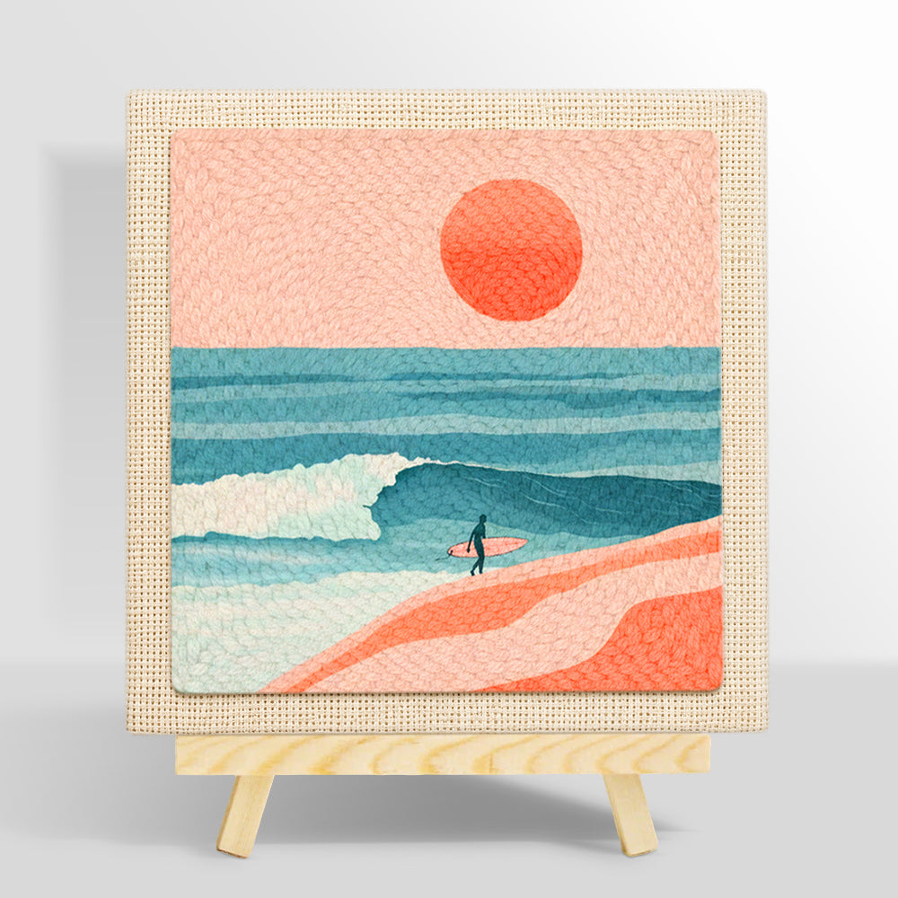 Coastal surfer and peach sunset scene punch needle kit for beginners