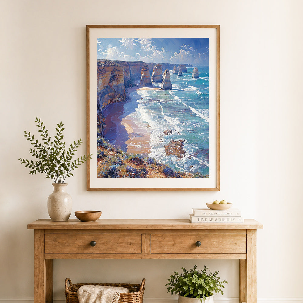 Finished coastal twelve apostles cross stitch artwork displayed as home decor