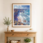 Finished coastal twelve apostles cross stitch artwork displayed as home decor