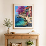 Finished coastal village harbour cross stitch artwork displayed as home decor