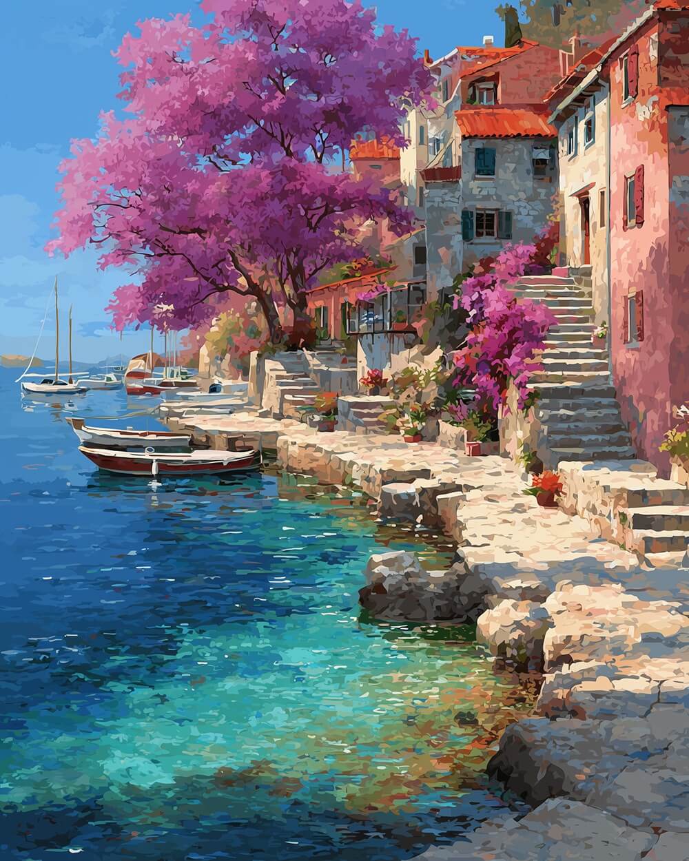 Coastal village harbour cross stitch kit for beginners
