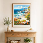 Finished coastal wildflower shore cross stitch artwork displayed as home decor