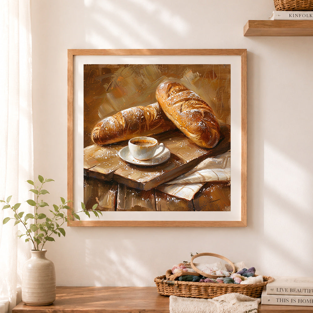 Finished coffee and fresh bread cross stitch artwork displayed as home decor