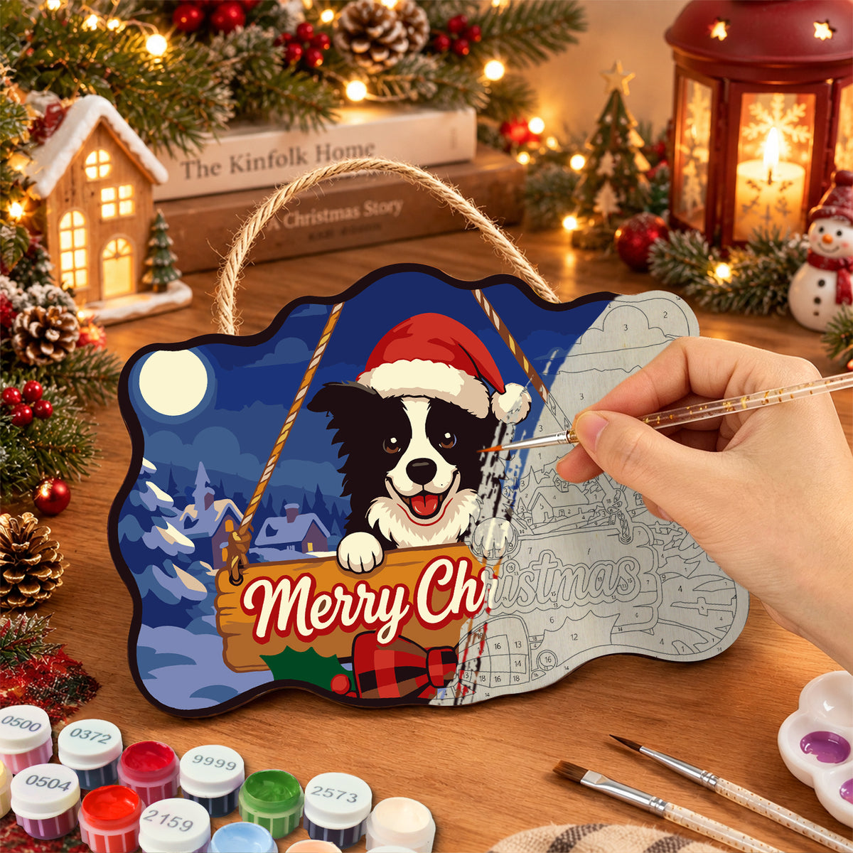 Collie merry christmas paint by numbers door hanger painting process
