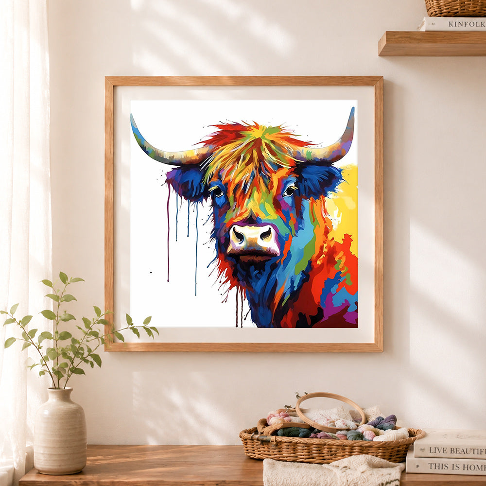 Finished color‑drip highland cow cross stitch artwork displayed as home decor