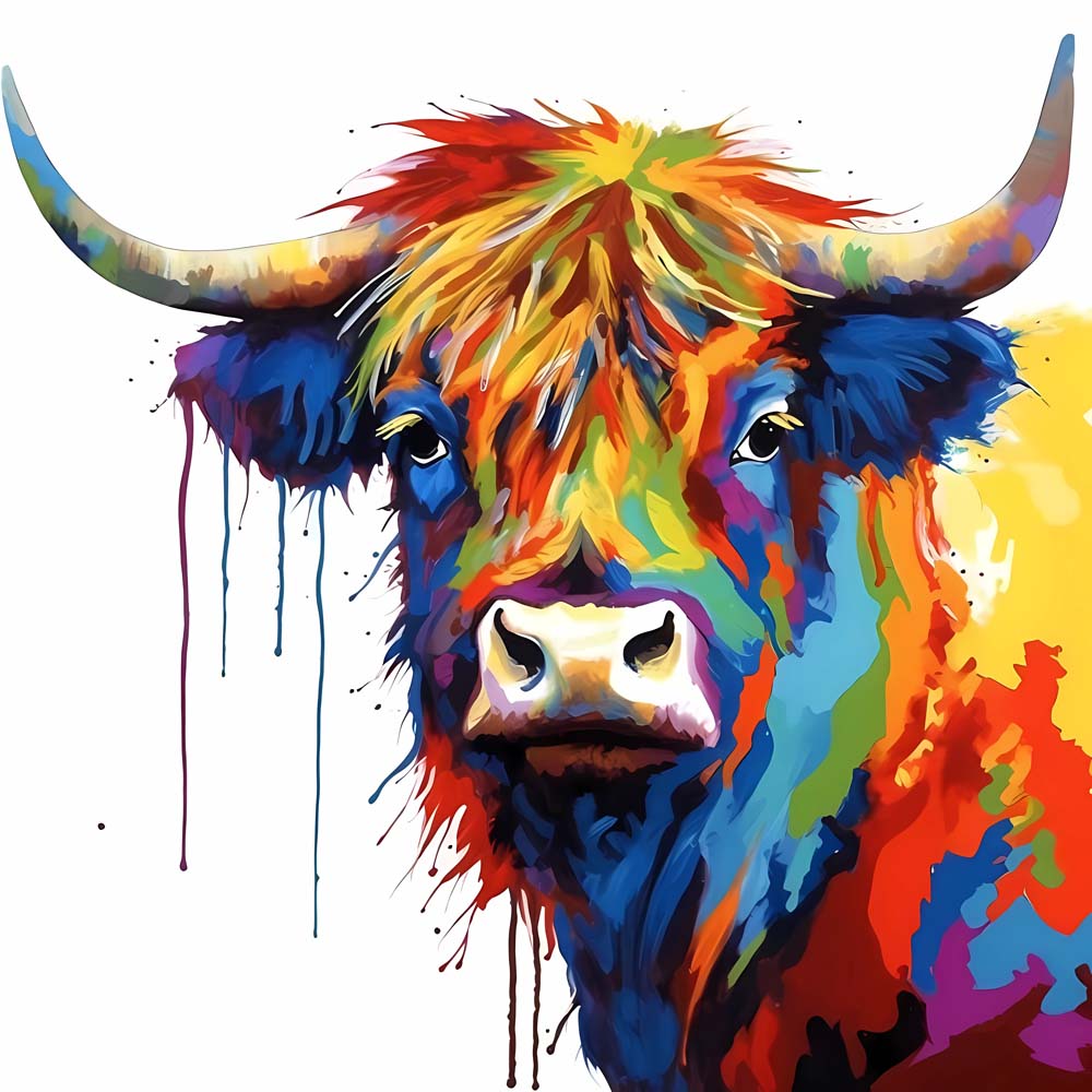 Color‑drip highland cow cross stitch kit for beginners