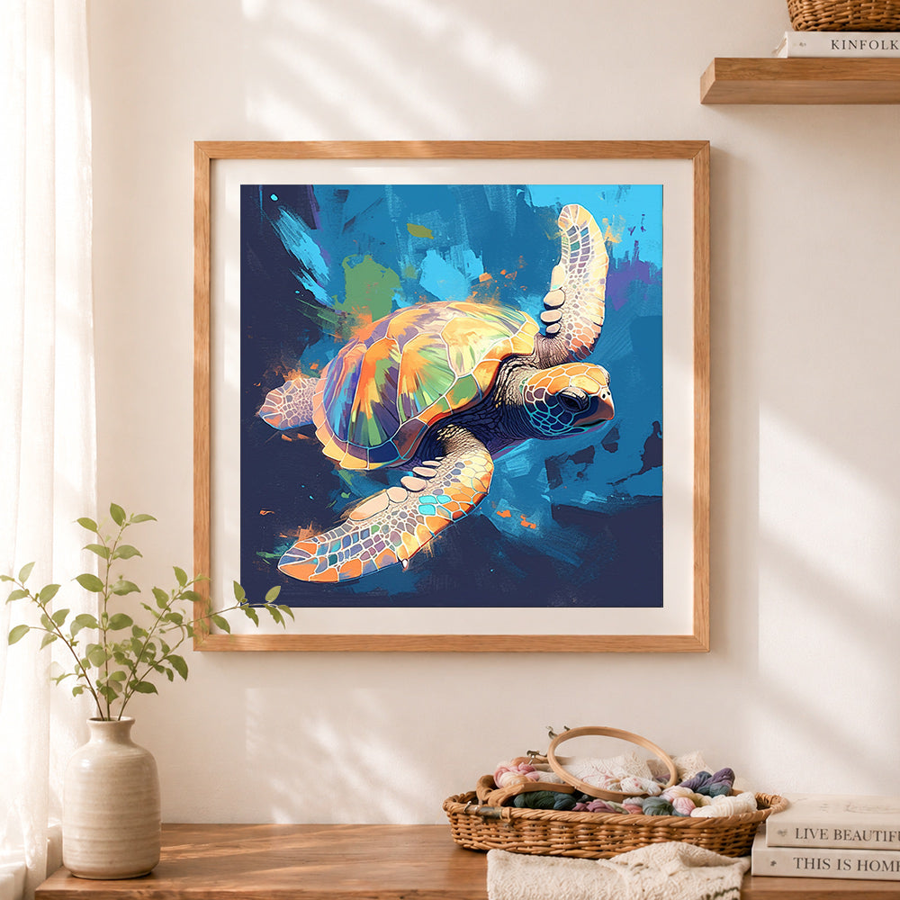 Finished color painted sea turtle cross stitch artwork displayed as home decor