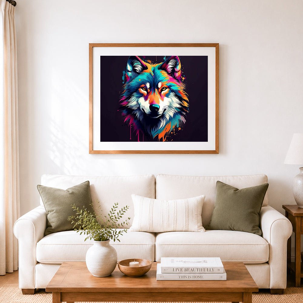 Finished color splash wolf portrait cross stitch artwork displayed as home decor