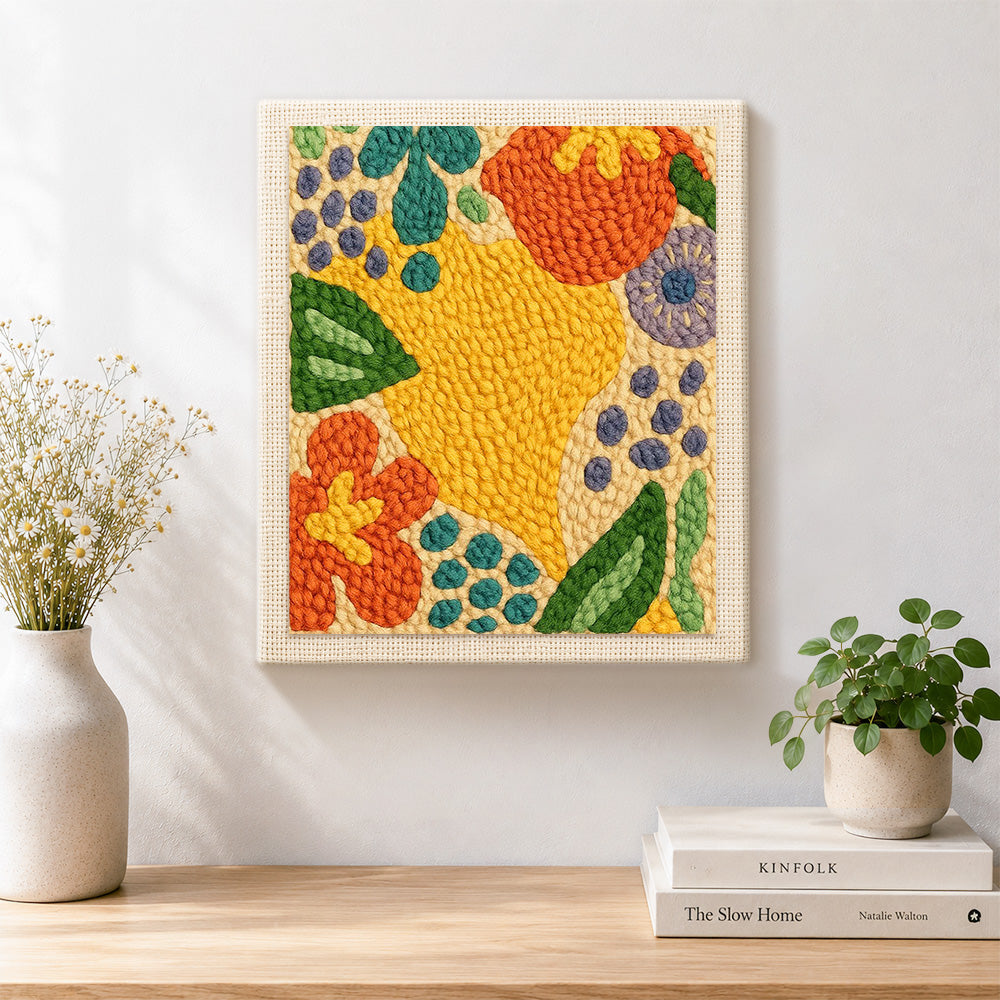 Finished colorful abstract botanical artwork displayed on a wall