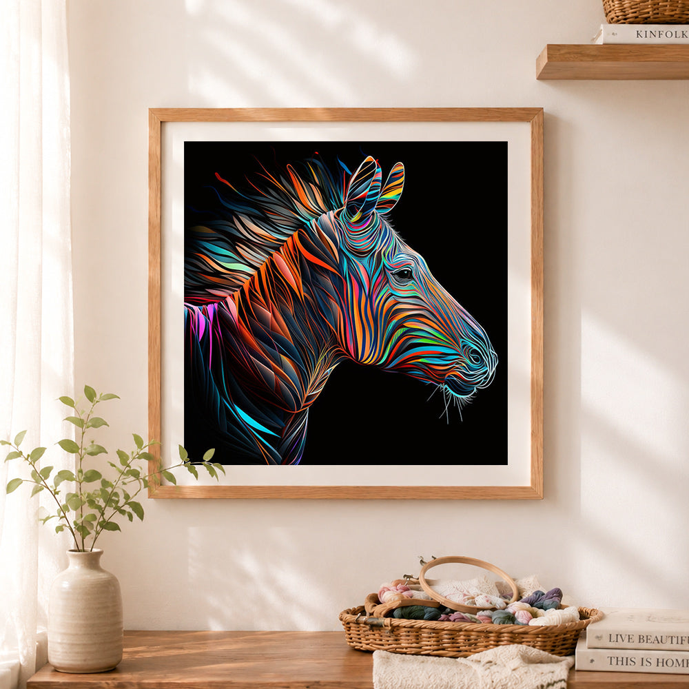 Finished colorful abstract zebra cross stitch artwork displayed as home decor