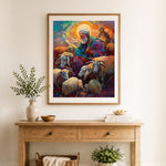 Finished colorful art shepherd and sheep cross stitch artwork displayed as home decor