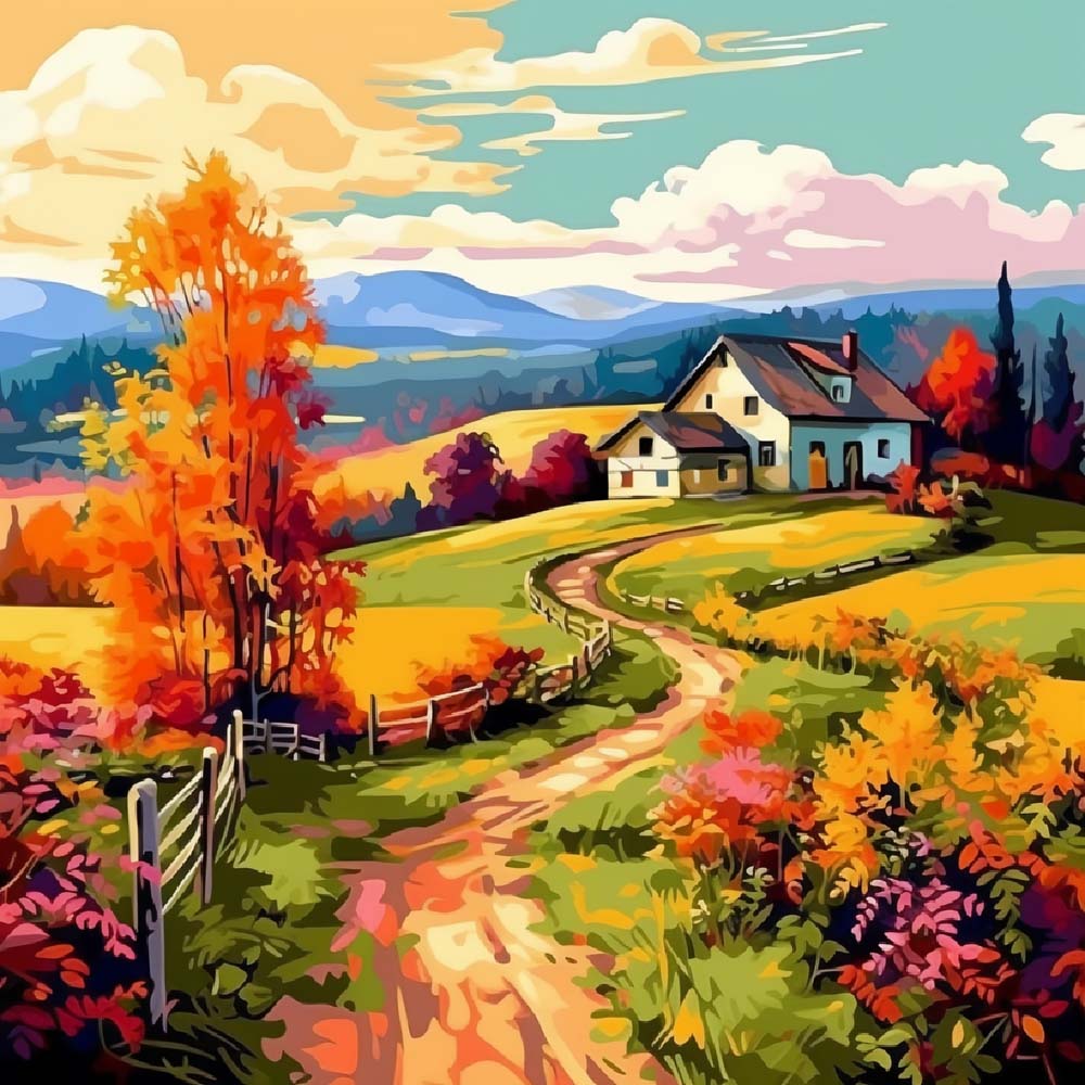 Colorful autumn farm house cross stitch kit for beginners