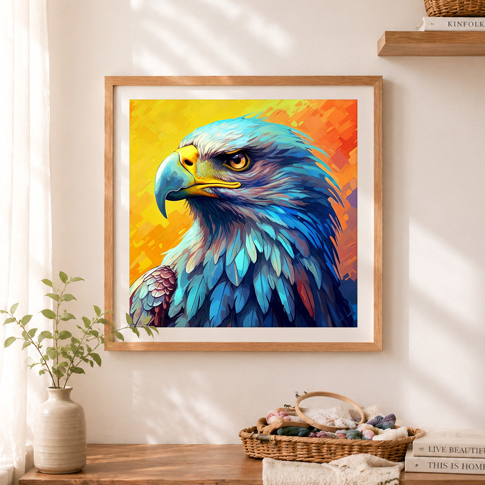 Finished colorful bald eagle head cross stitch artwork displayed as home decor