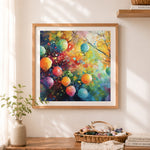 Finished colorful balloon artwork cross stitch artwork displayed as home decor