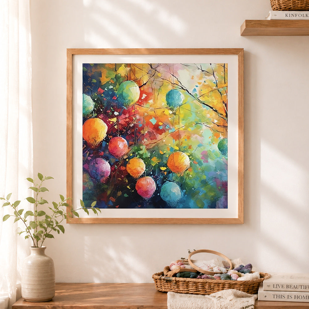 Finished colorful balloon artwork cross stitch artwork displayed as home decor