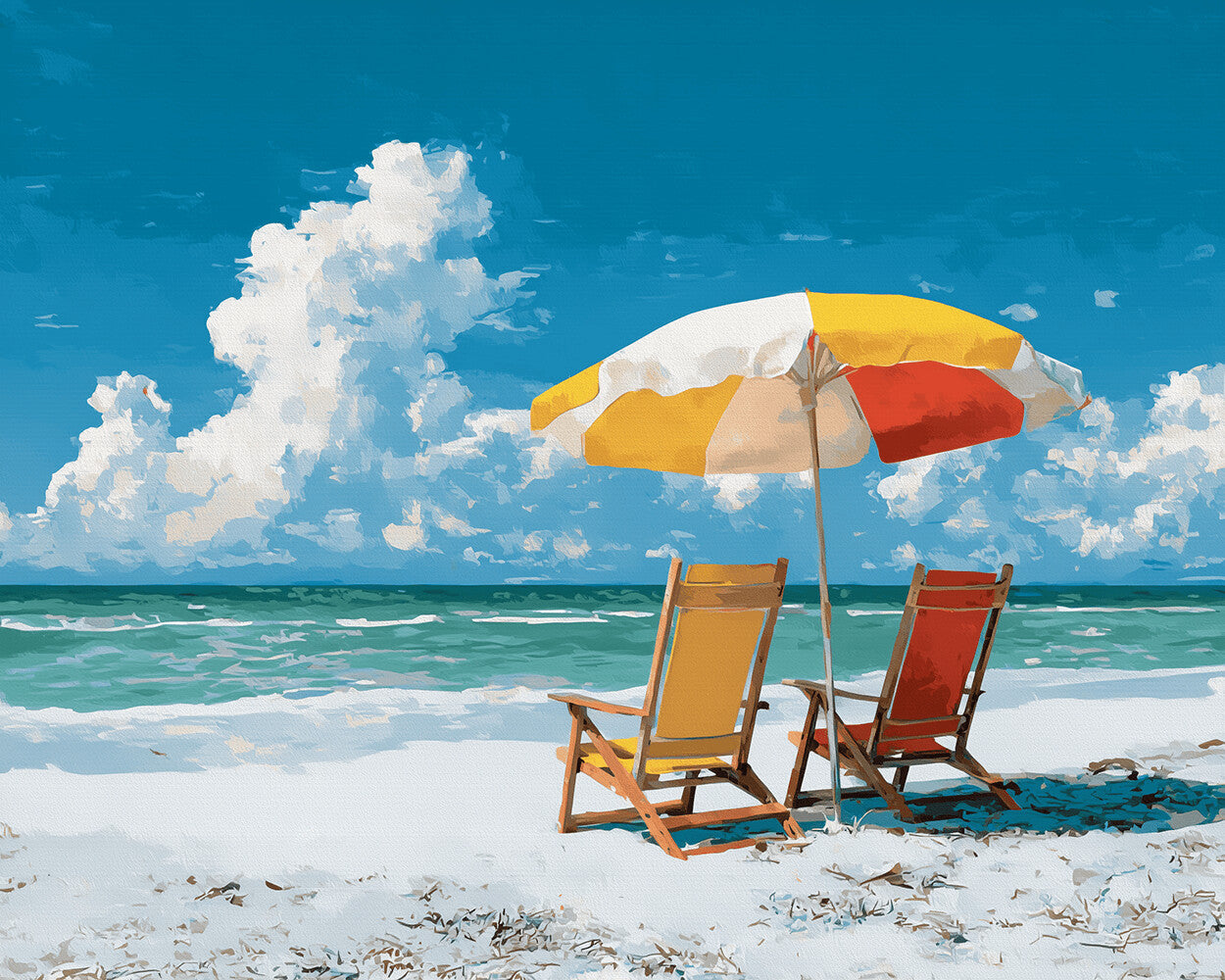 Colorful beach umbrella and lounge chairs cross stitch kit for beginners