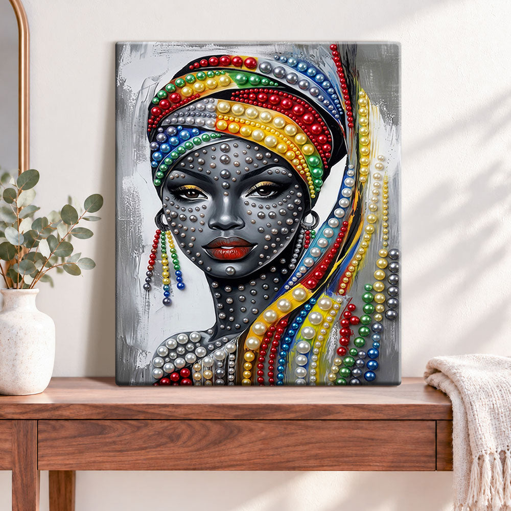 Finished colorful beaded beauty pearl diamond painting artwork displayed as home decor
