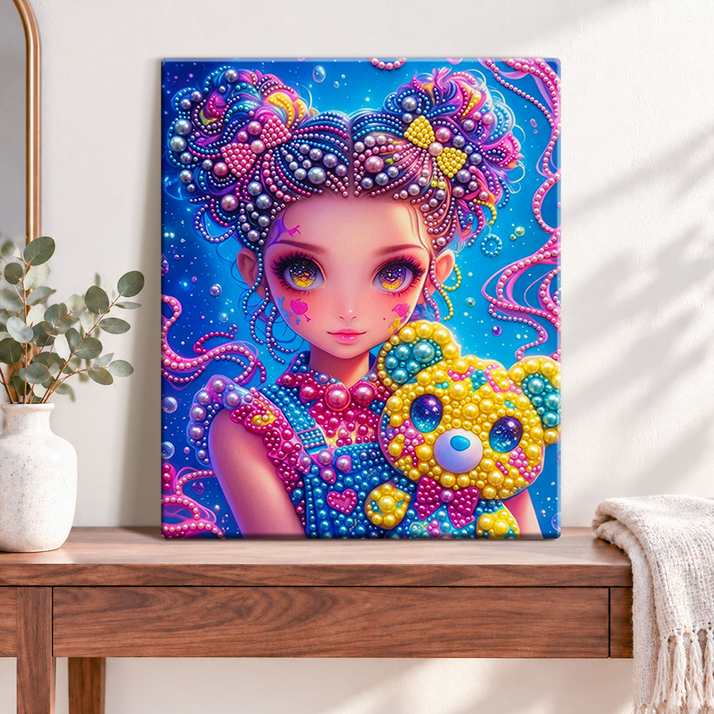Finished colorful beaded doll pearl diamond painting artwork displayed as home decor