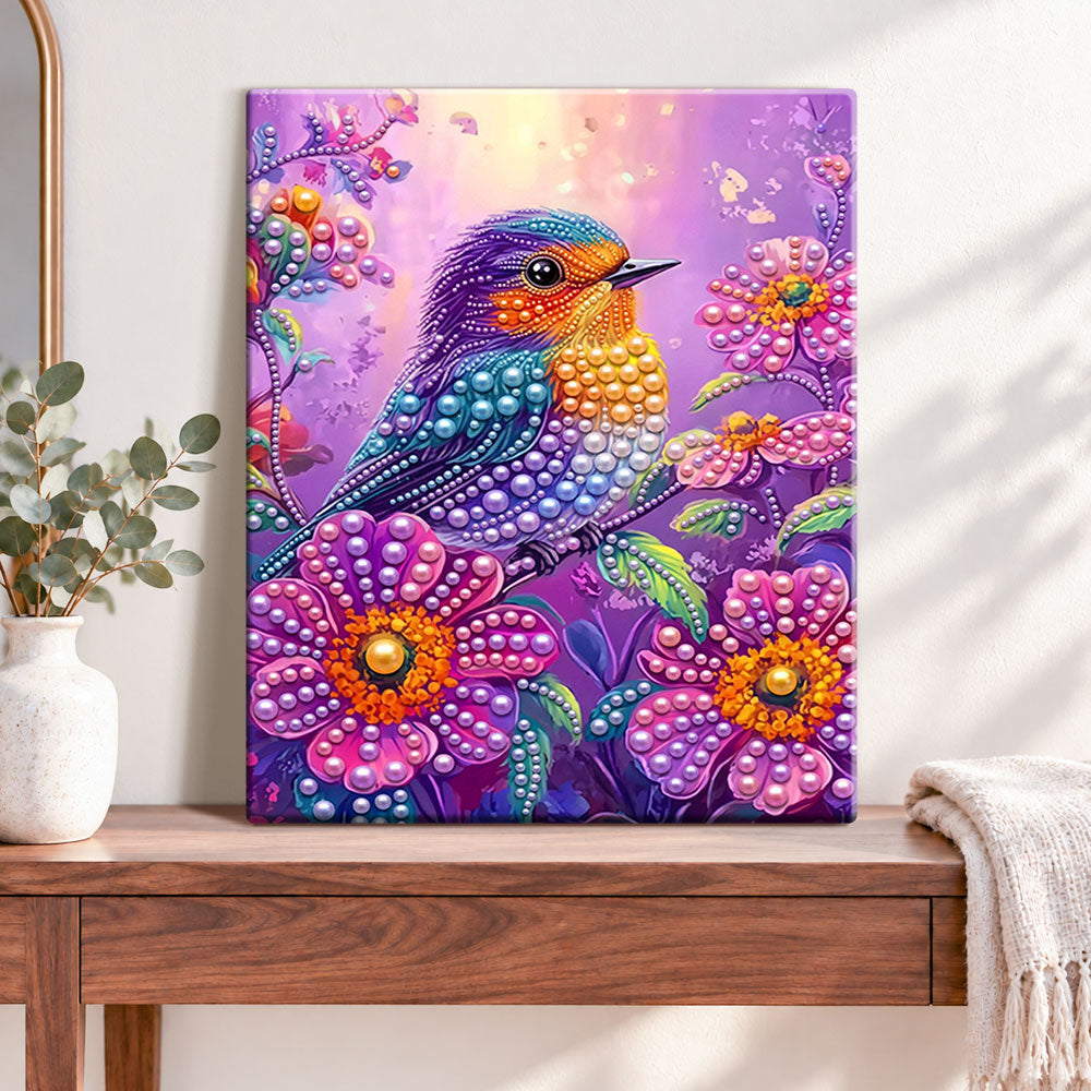 Finished colorful bird among flowers pearl diamond painting artwork displayed as home decor