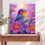 Finished colorful bird among flowers pearl diamond painting artwork displayed as home decor