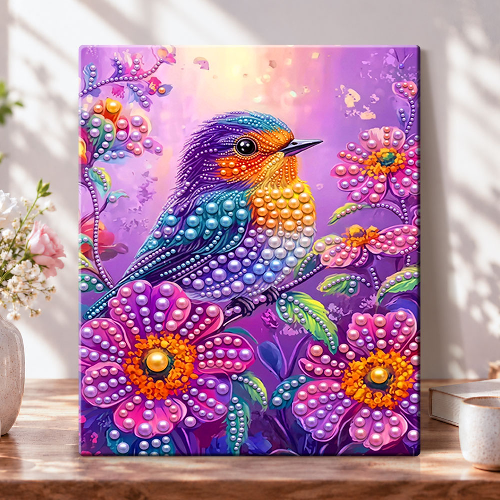 Colorful bird among flowers pearl diamond painting kit for beginners