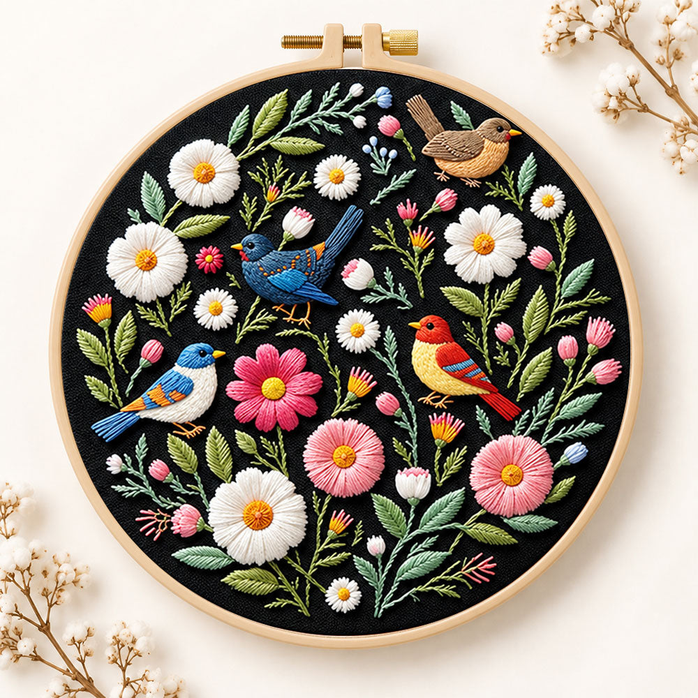 Colorful birds and wildflowers embroidery kit